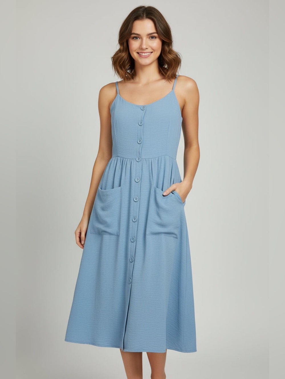 Savannah Light Blue Button-Front Midi Dress with Pockets